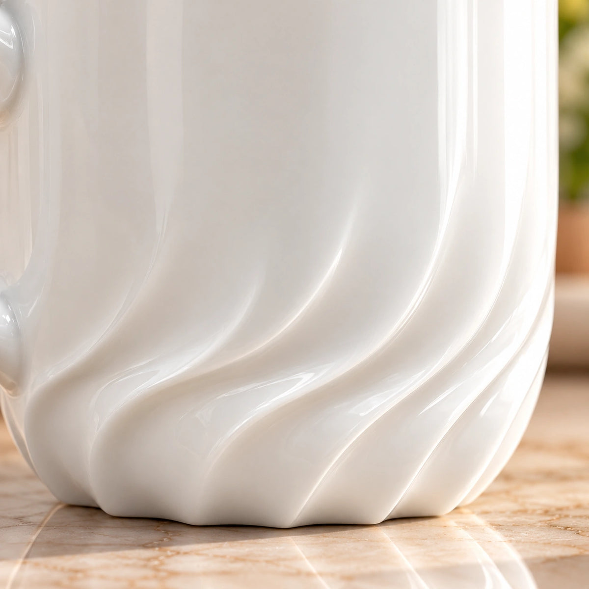 Close-up of the carved swirl texture on the white porcelain cup