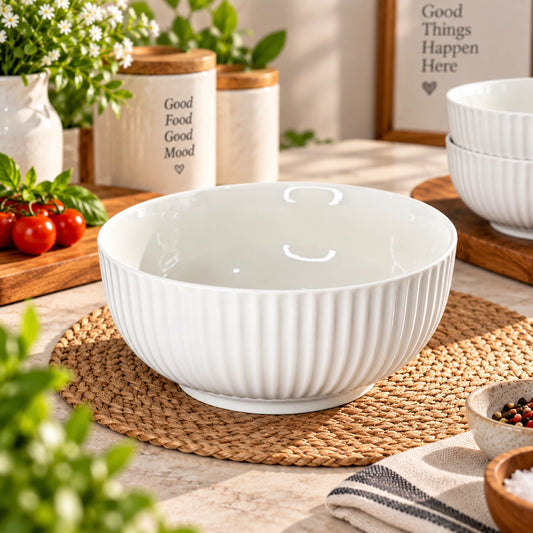 White ribbed ceramic serving bowl in white porcelain