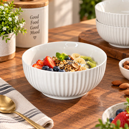 Close-up of the ribbed texture on the white ceramic serving bowl