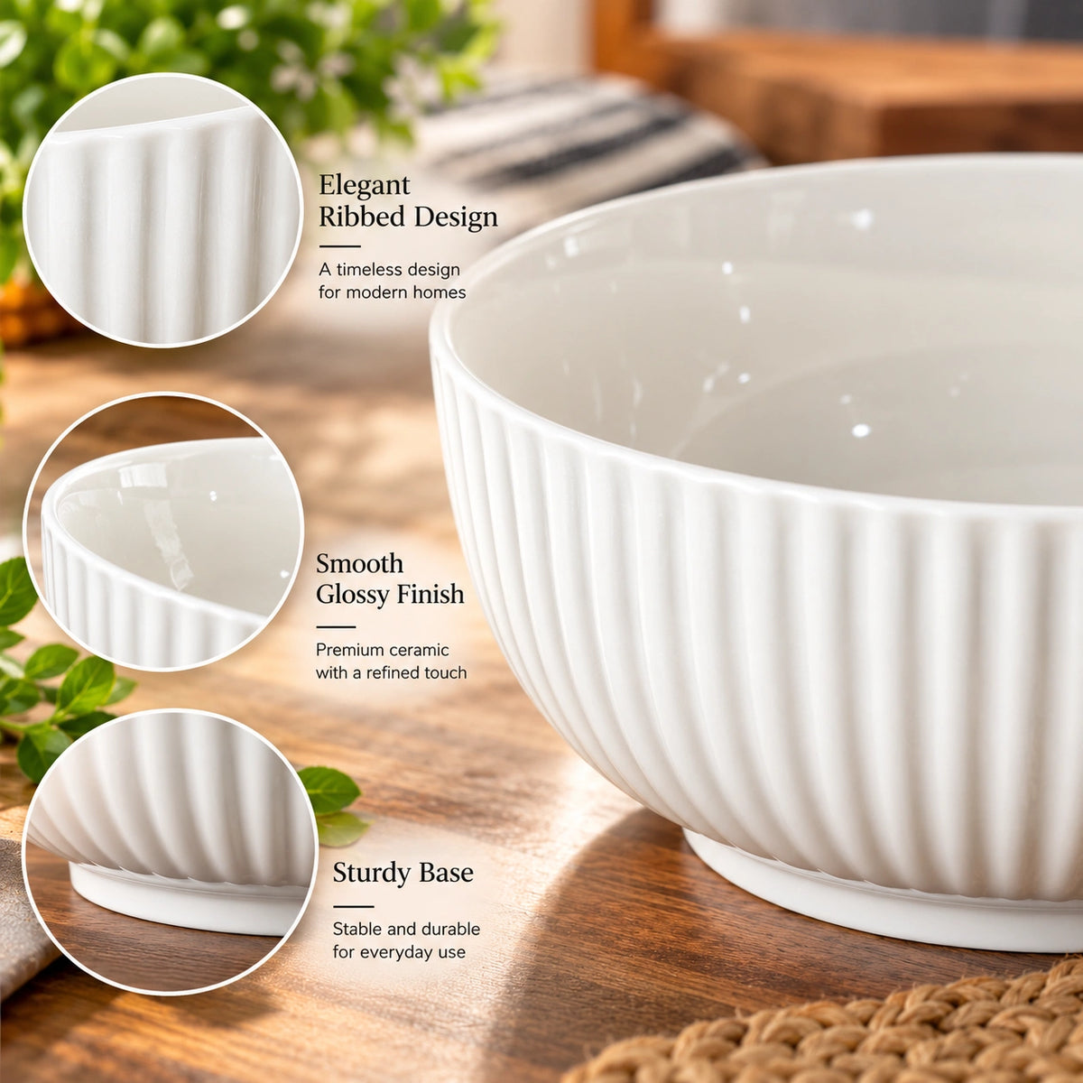 White ribbed ceramic serving bowl shown from the side