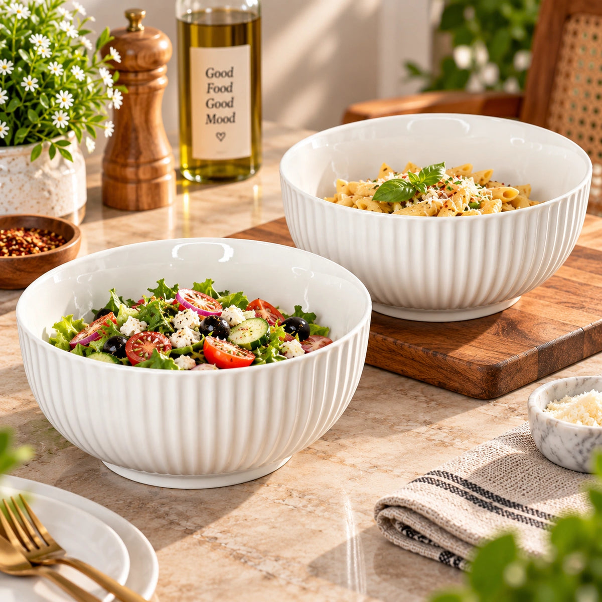 White ribbed ceramic serving bowl viewed from above
