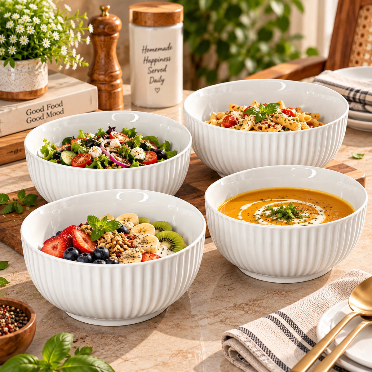 White ribbed ceramic serving bowl styled with food on a table