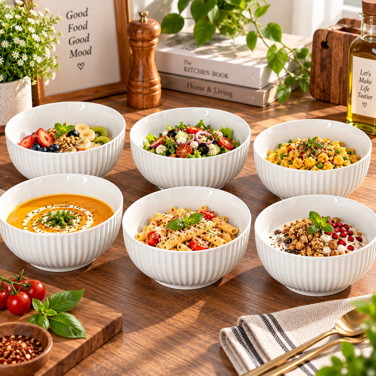 White ribbed ceramic serving bowls shown as a matching set