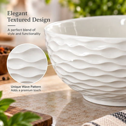 Close-up of the sculpted wave texture on the white ceramic bowl