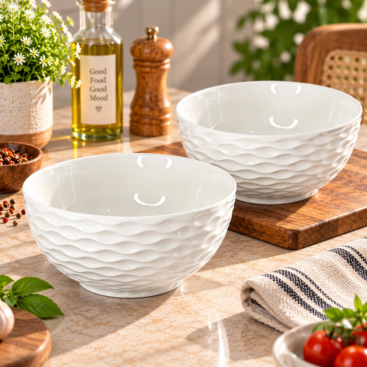 White wave textured ceramic bowl shown from the side