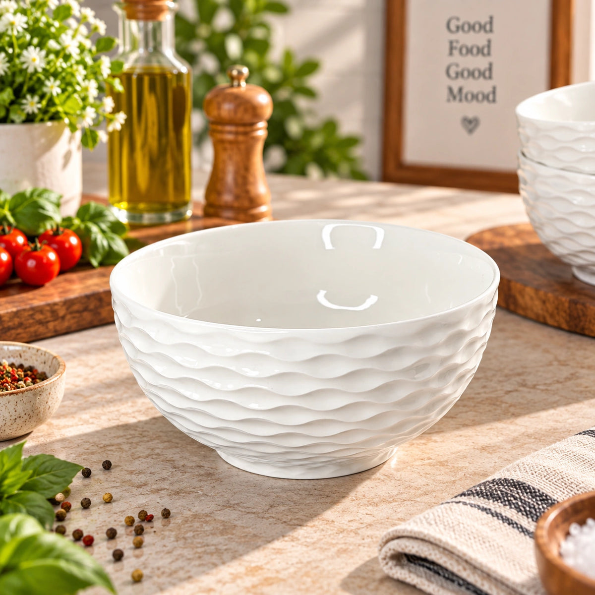 White wave textured ceramic bowl with a sculpted wave exterior