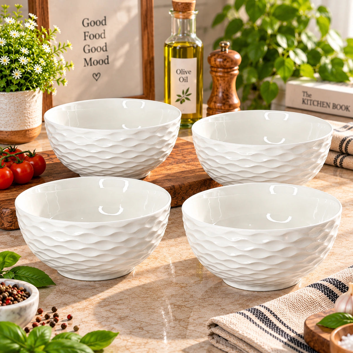 White wave textured ceramic bowl styled with food