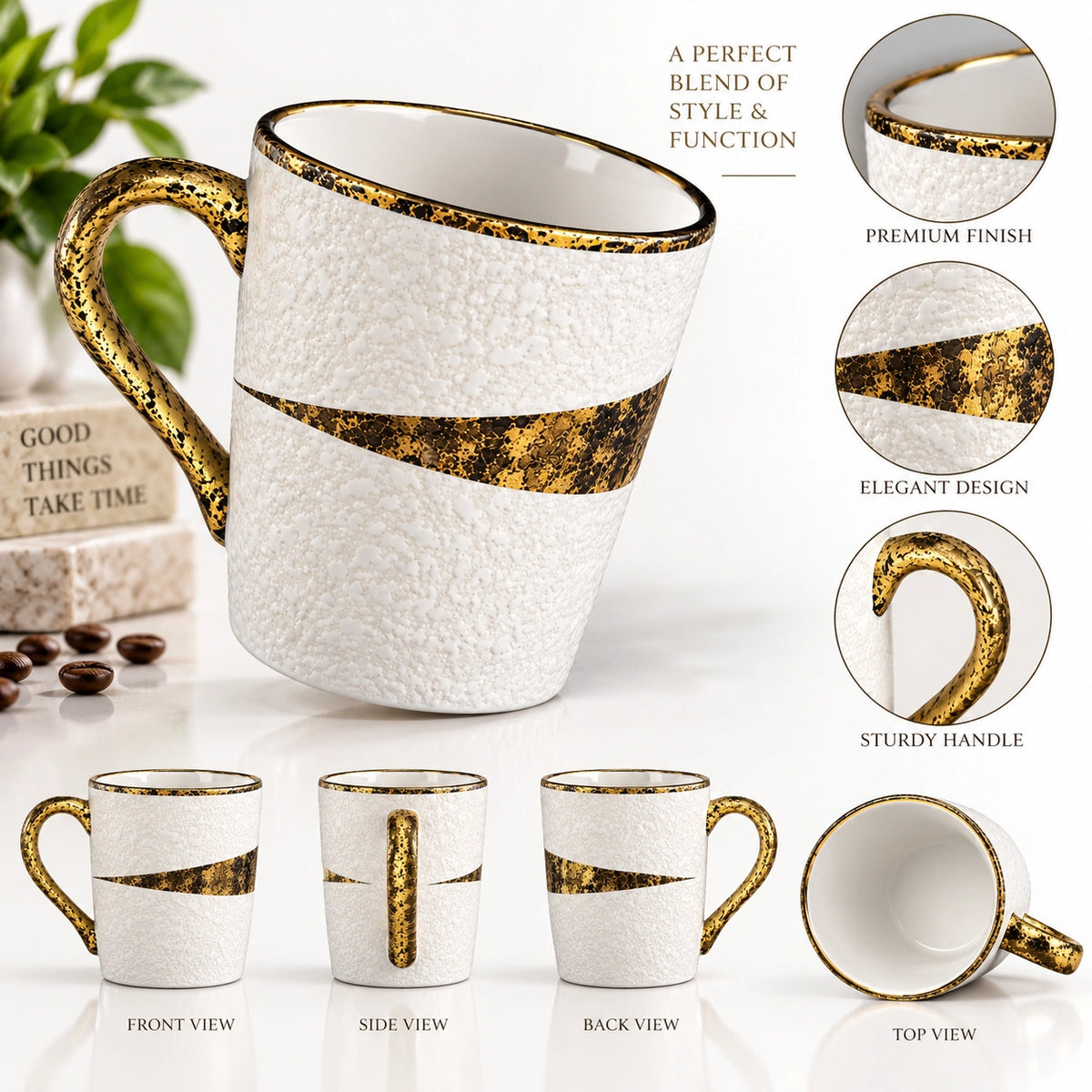 Gold Splatter ceramic mugs styled with coffee on a table