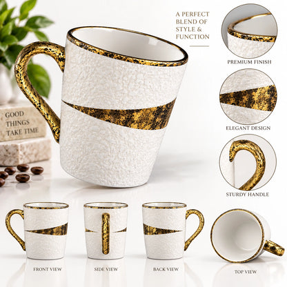 Gold Splatter ceramic mugs styled with coffee on a table