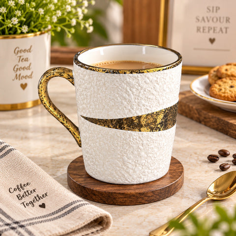 Gold Splatter textured ceramic mug set of 6 with a gold band