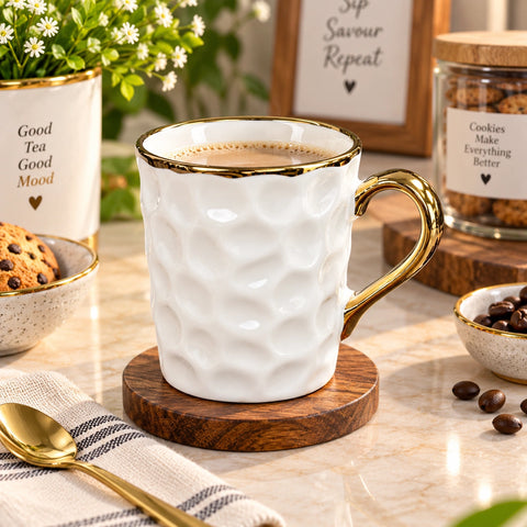 Gold Rim Dimple textured ceramic mug set of 6 with gold rims and handles
