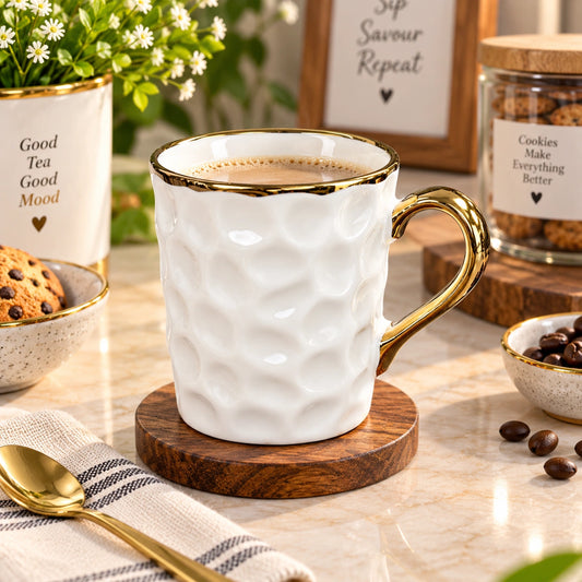 Gold Rim Dimple textured ceramic mug set of 6 with gold rims and handles