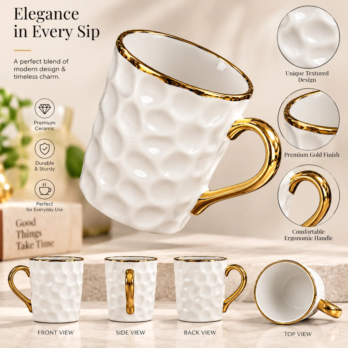Gold Rim Dimple ceramic mug shown from the side with its gold handle