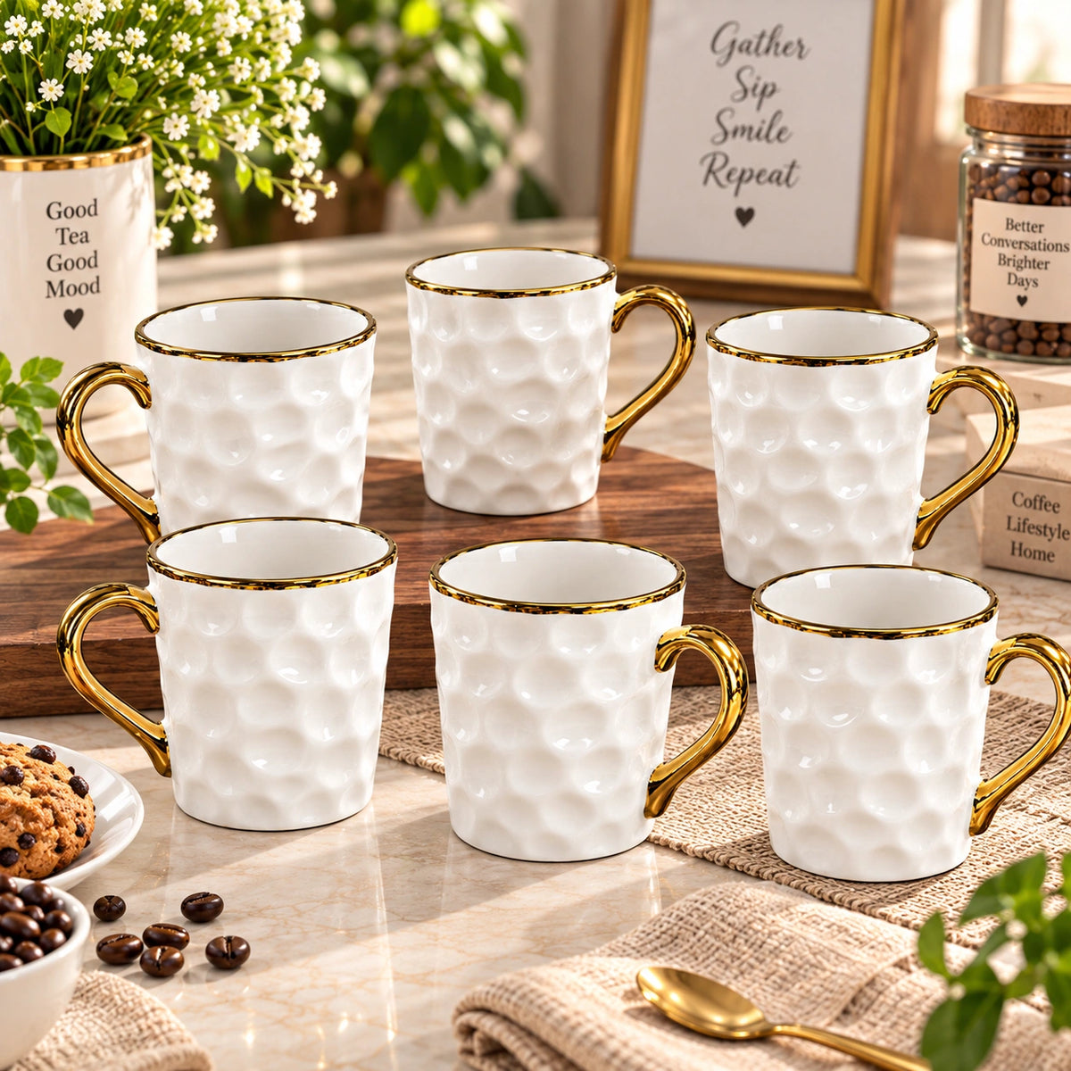 Gold Rim Dimple textured ceramic mugs shown as a full set of 6