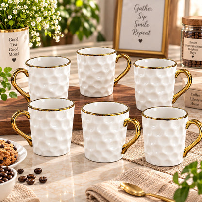 Gold Rim Dimple textured ceramic mugs shown as a full set of 6