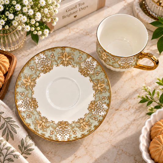 Close-up of the baroque gold floral design on the porcelain tea cup
