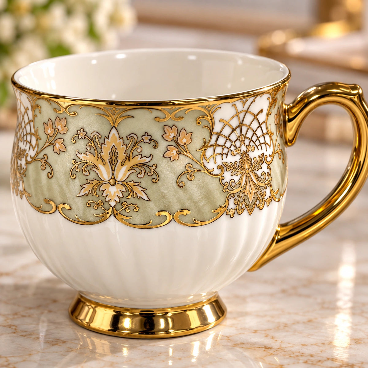 Royal Gold Floral footed tea cup shown from the side