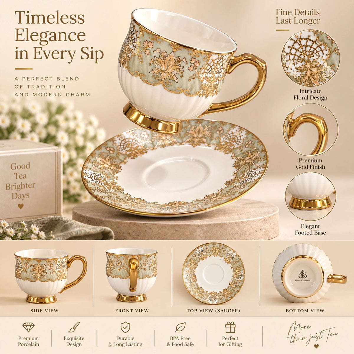 Royal Gold Floral saucer shown with its gold pattern