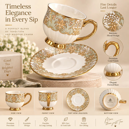 Royal Gold Floral saucer shown with its gold pattern