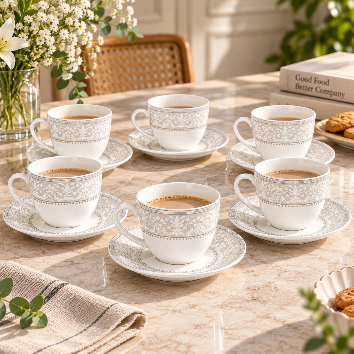 Silver Baroque floral tea cup and saucer styled for tea service