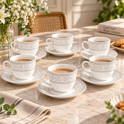 Silver Baroque floral tea cup and saucer styled for tea service