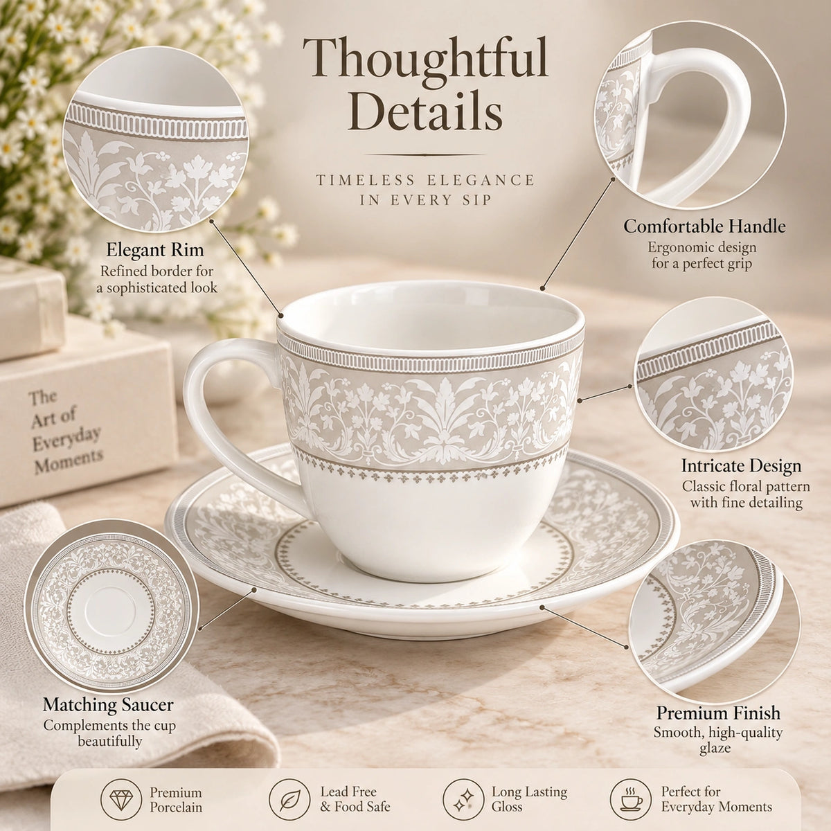 Silver Baroque floral saucer shown with its silver pattern
