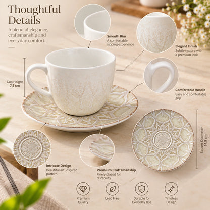 Ivory Mandala embossed saucer shown with its mandala detailing