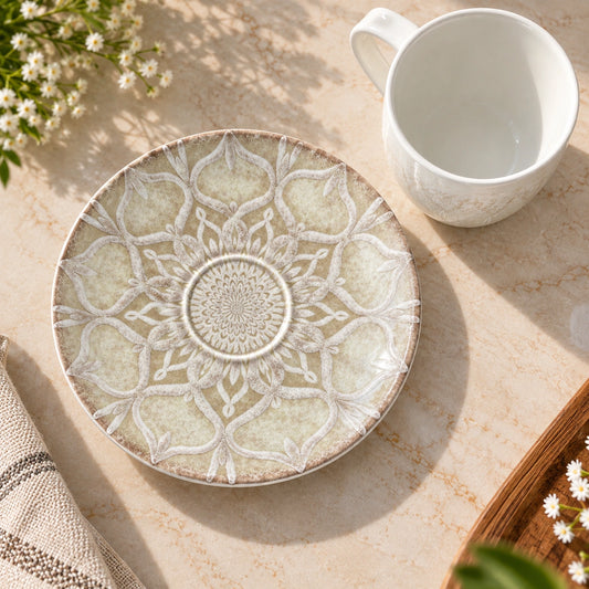 Close-up of the embossed mandala pattern on the ivory porcelain cup