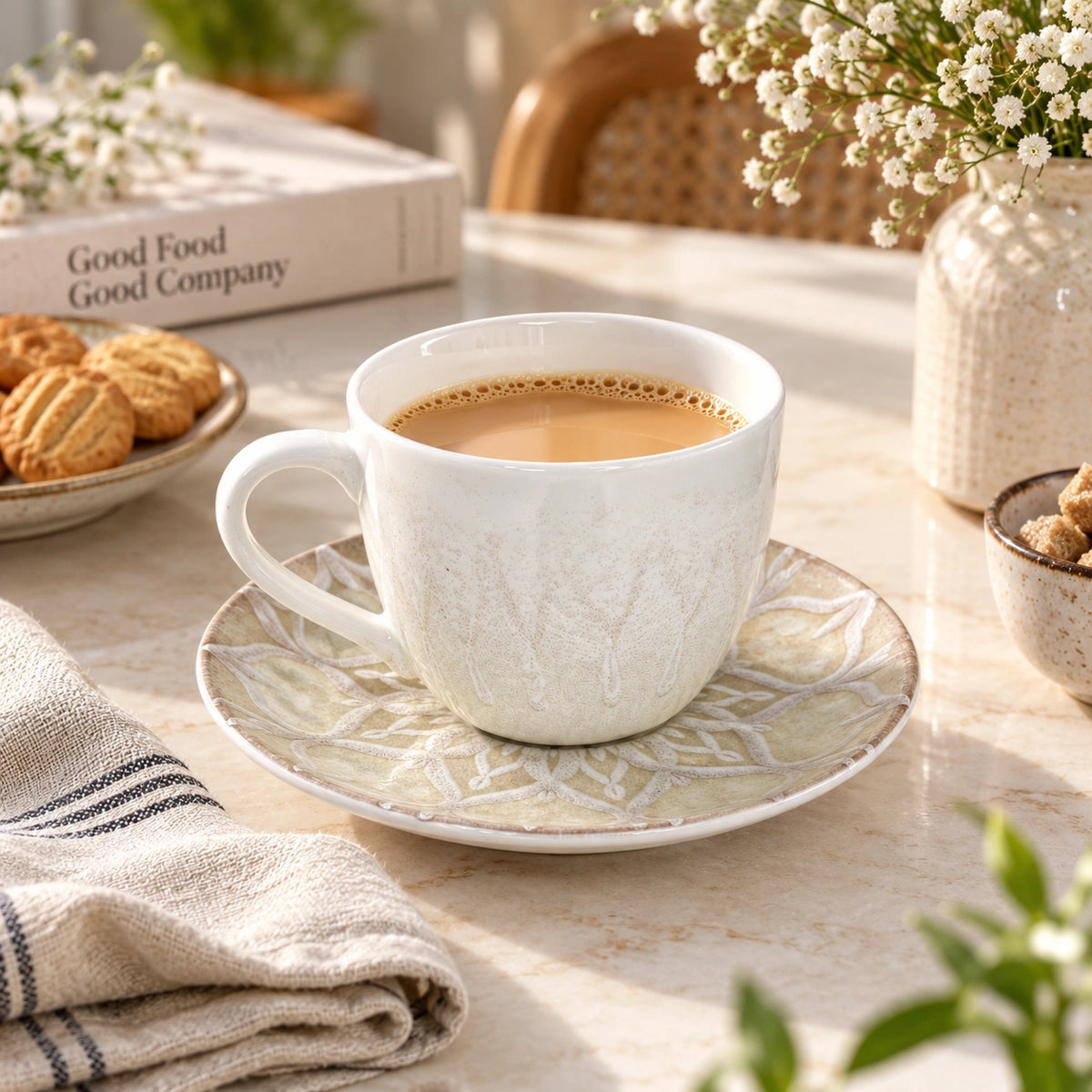 Ivory Mandala embossed tea cup and saucer set in ivory porcelain