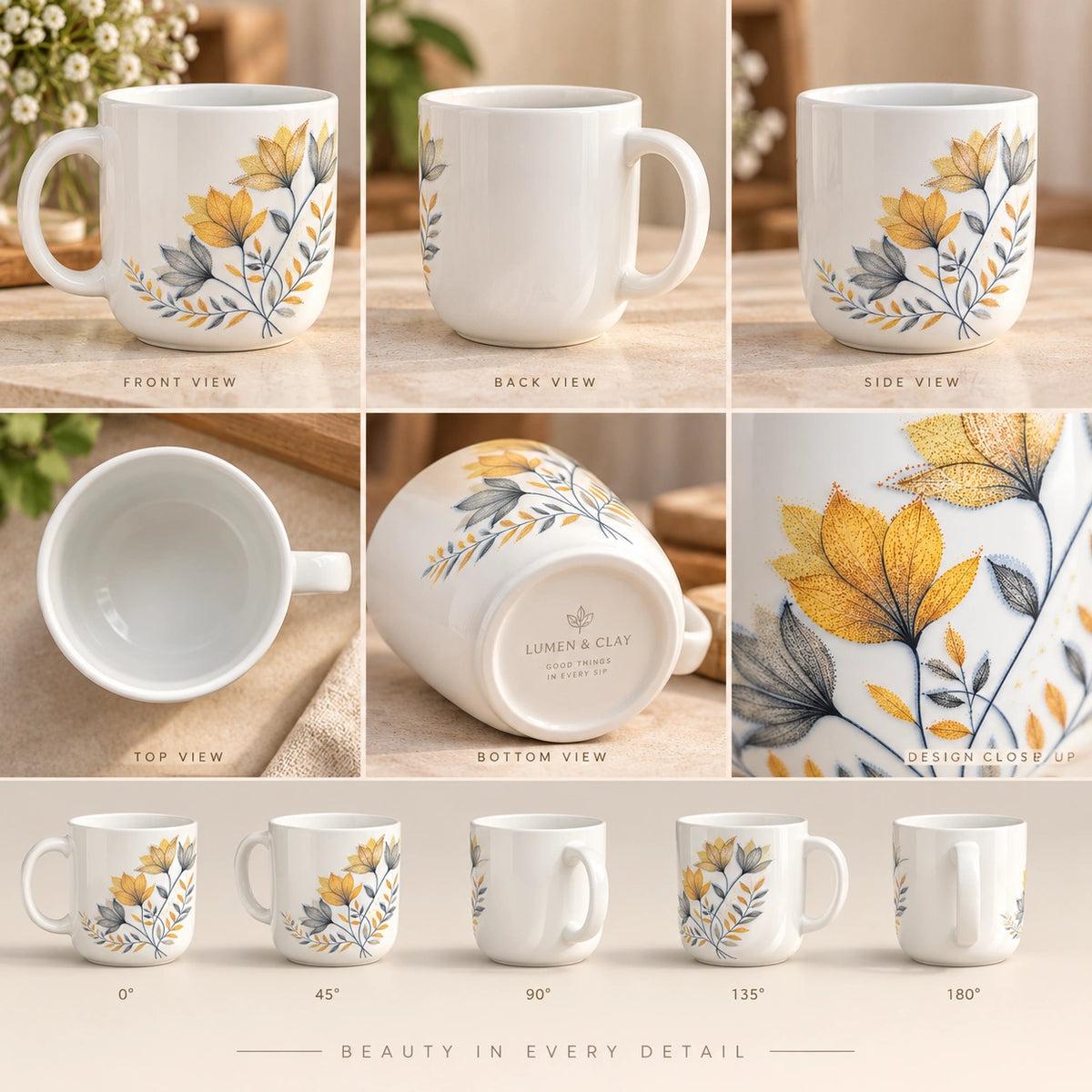 Botanical floral tea and coffee cup shown from the side with its handle