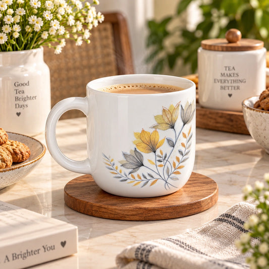 Botanical floral tea and coffee cup with a golden yellow bloom print