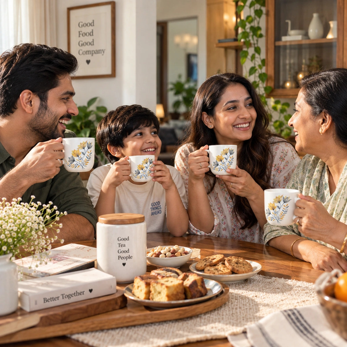 Botanical floral tea and coffee cups shown together