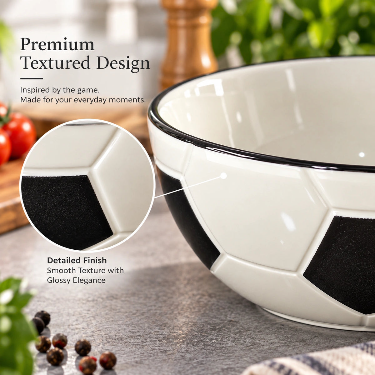 Close-up of the embossed football pattern on the ceramic bowl