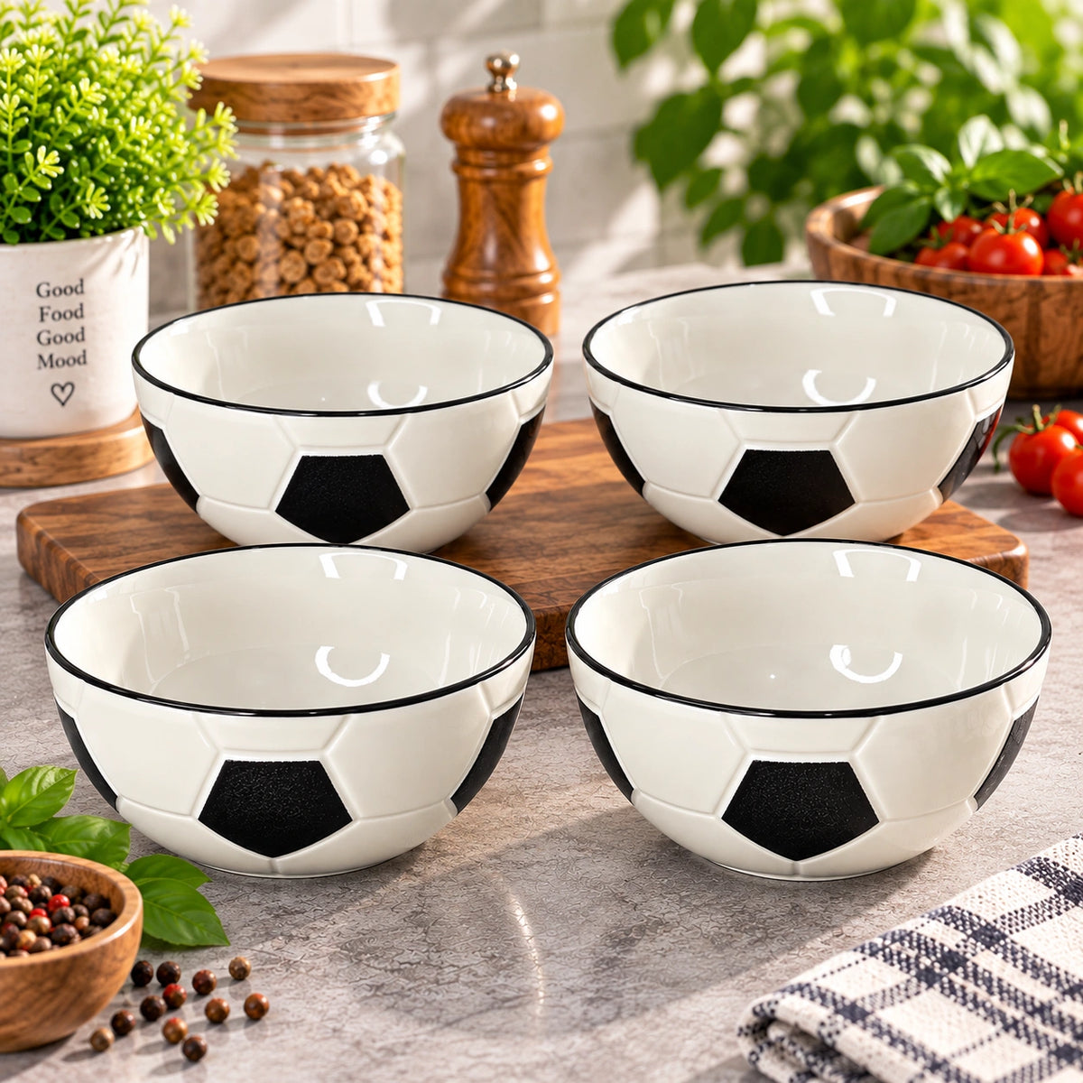 Football ceramic serving bowl styled with snacks