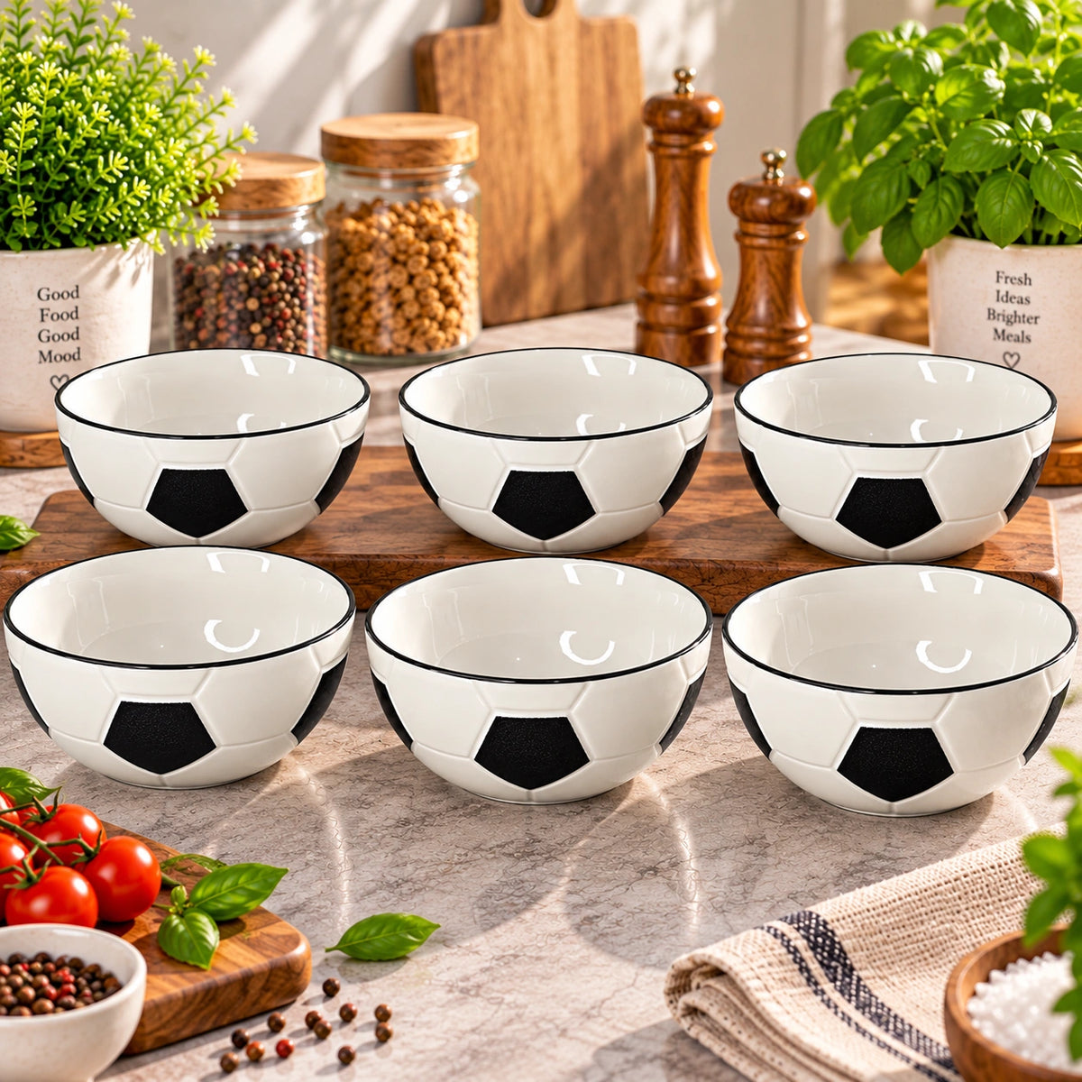 Football ceramic serving bowls shown as a matching set