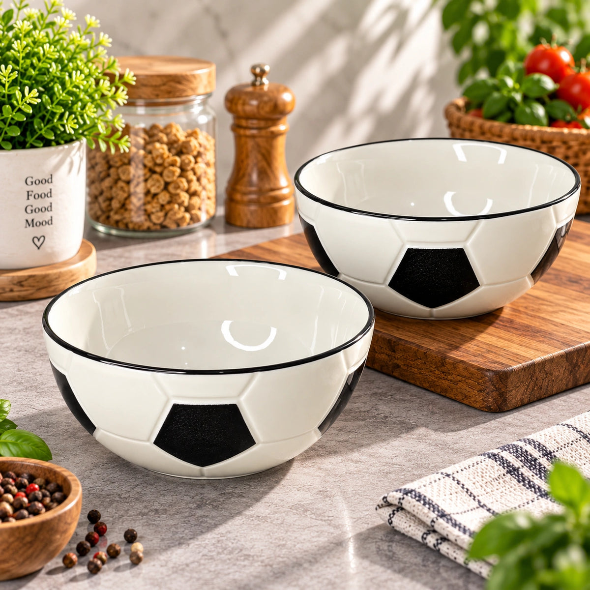 Football ceramic serving bowl shown from the side