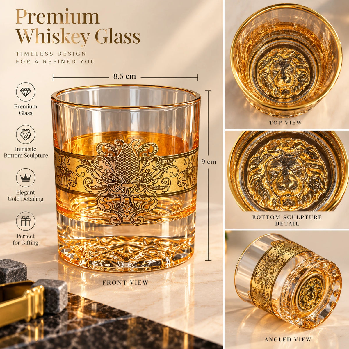 Lion Sculpture gold baroque glass shown with a whiskey pour
