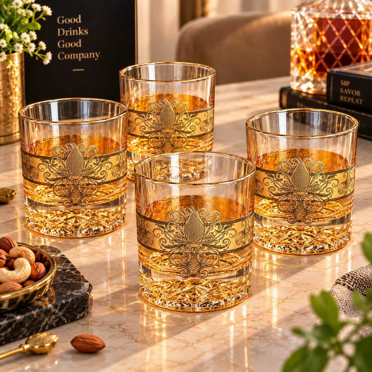 Lion Sculpture gold baroque drinking glasses shown as a matching set