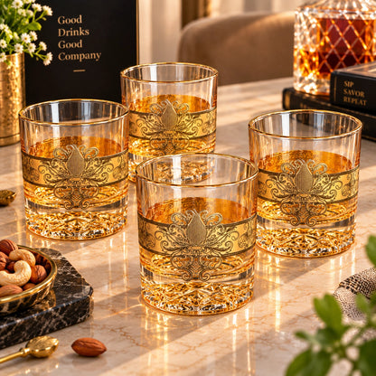 Lion Sculpture gold baroque drinking glasses shown as a matching set