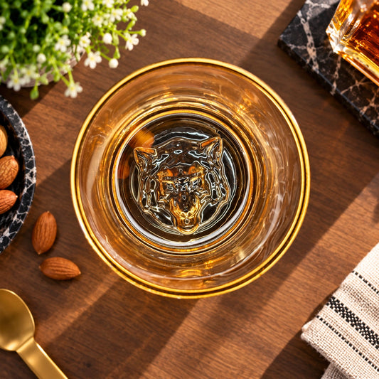 Close-up of the sculpted fox detail at the base of the amber glass