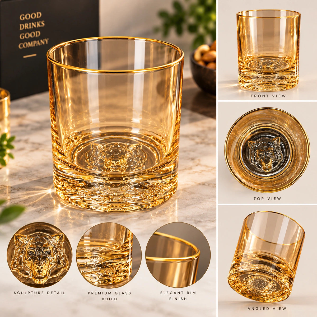 Close-up of the 24K gold rim on the amber Fox Sculpture glass