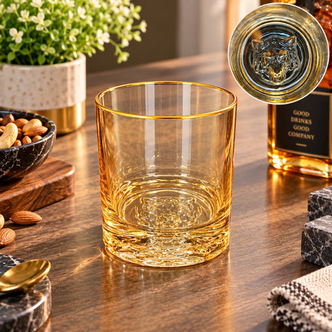 Fox Sculpture amber drinking glass with a gold rim and 3D fox base