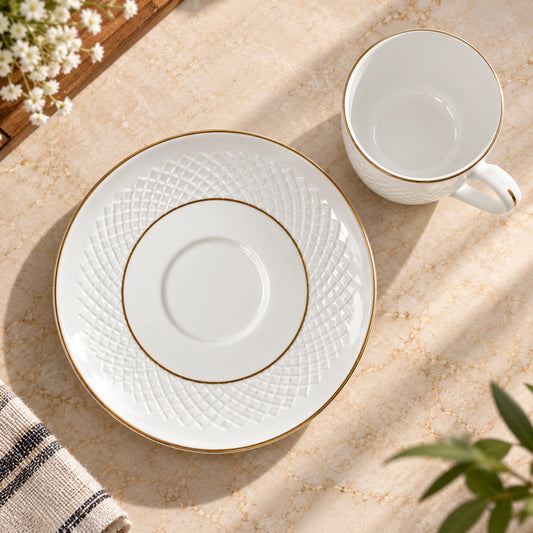Close-up of the embossed diamond weave texture on the porcelain cup