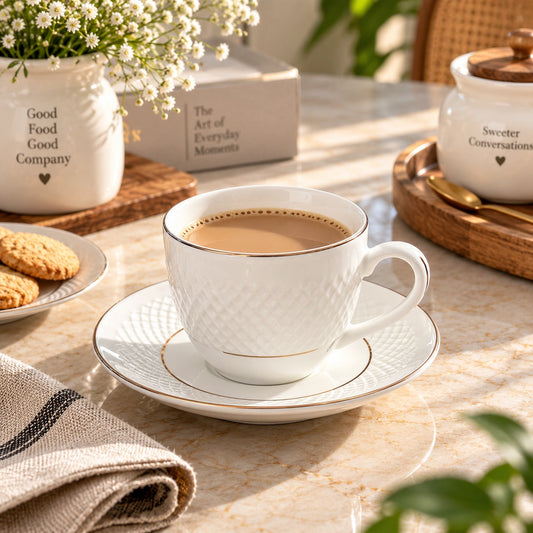 White Diamond Weave tea cup and saucer set with an embossed lattice and gold rim