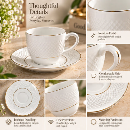White Diamond Weave tea cup shown from the side with its handle