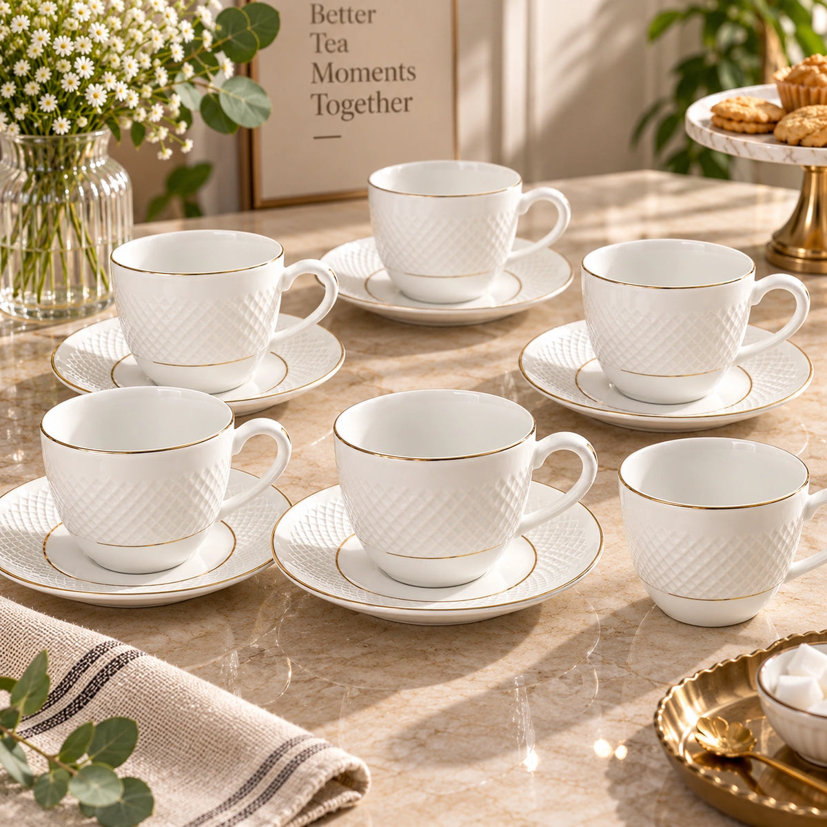 White Diamond Weave saucer shown with its gold rim
