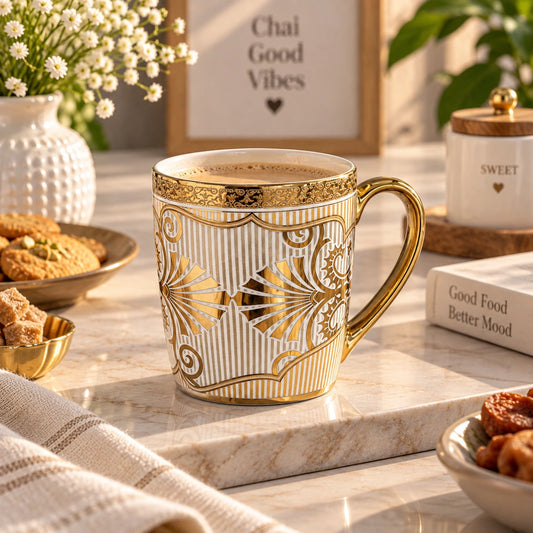 Gold Artistic tea and coffee cup set of 6 with a 24K gold Art Deco design