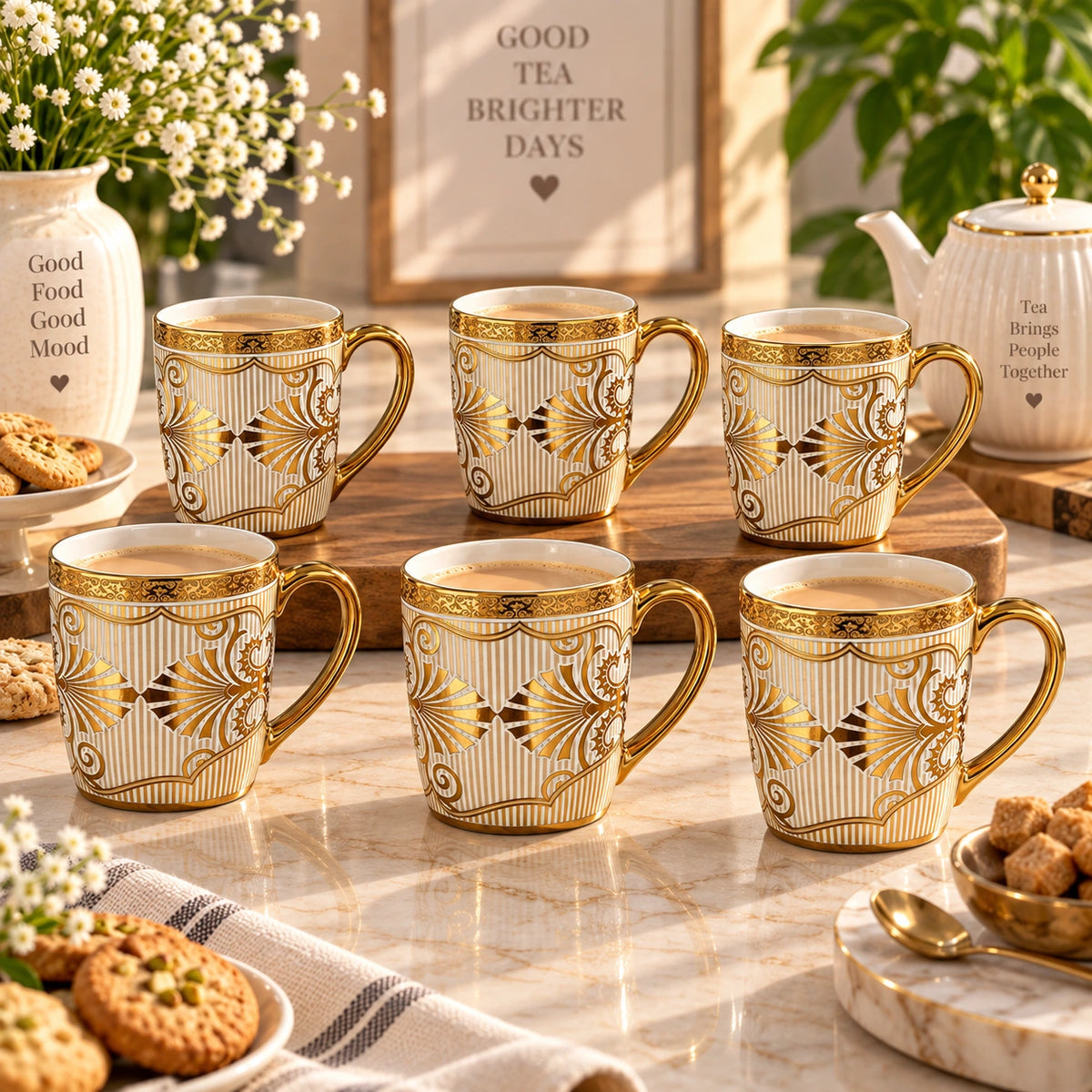 Gold Artistic tea and coffee cups styled with chai