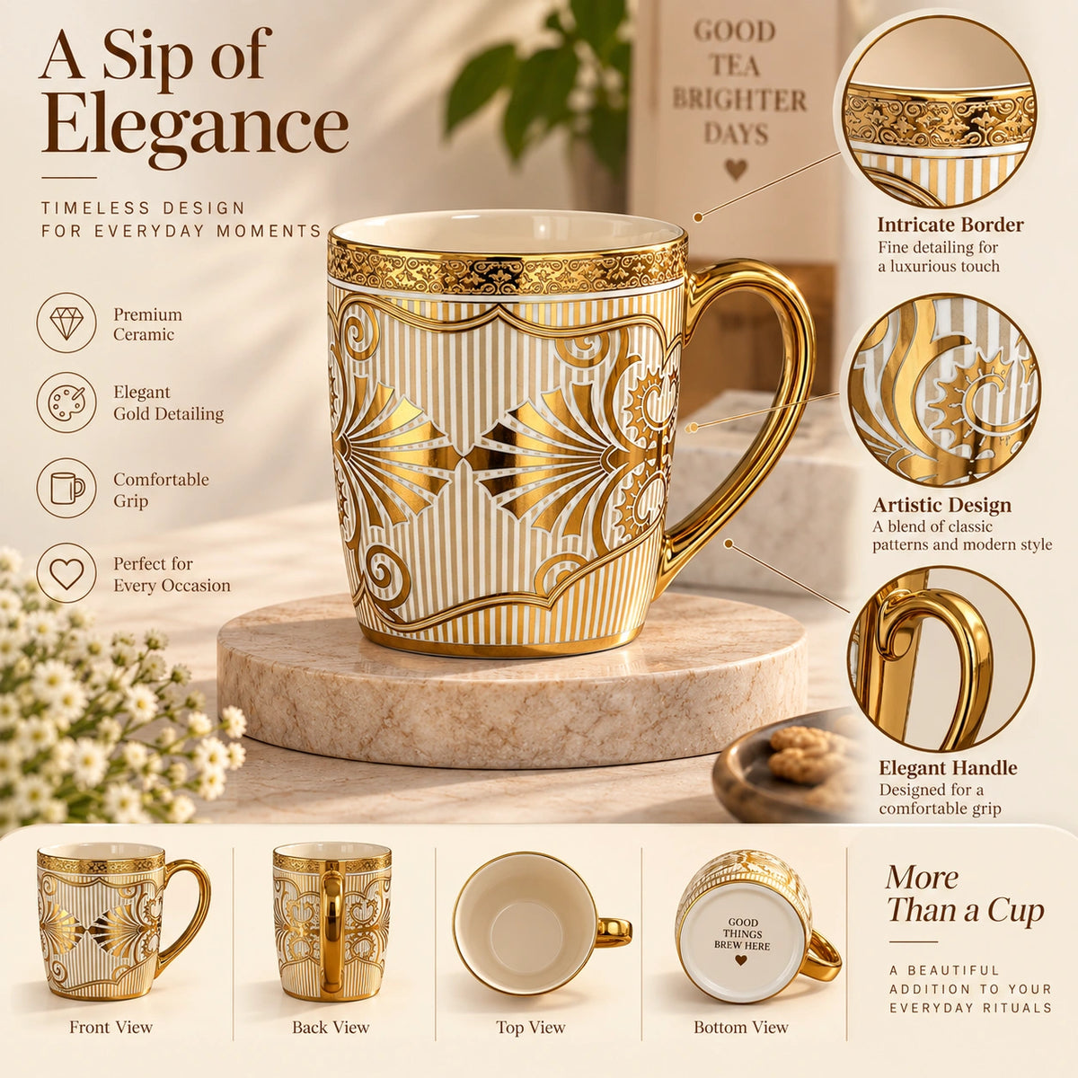 Gold Artistic tea and coffee cup shown from the side with its gold handle