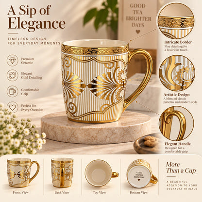 Gold Artistic tea and coffee cup shown from the side with its gold handle